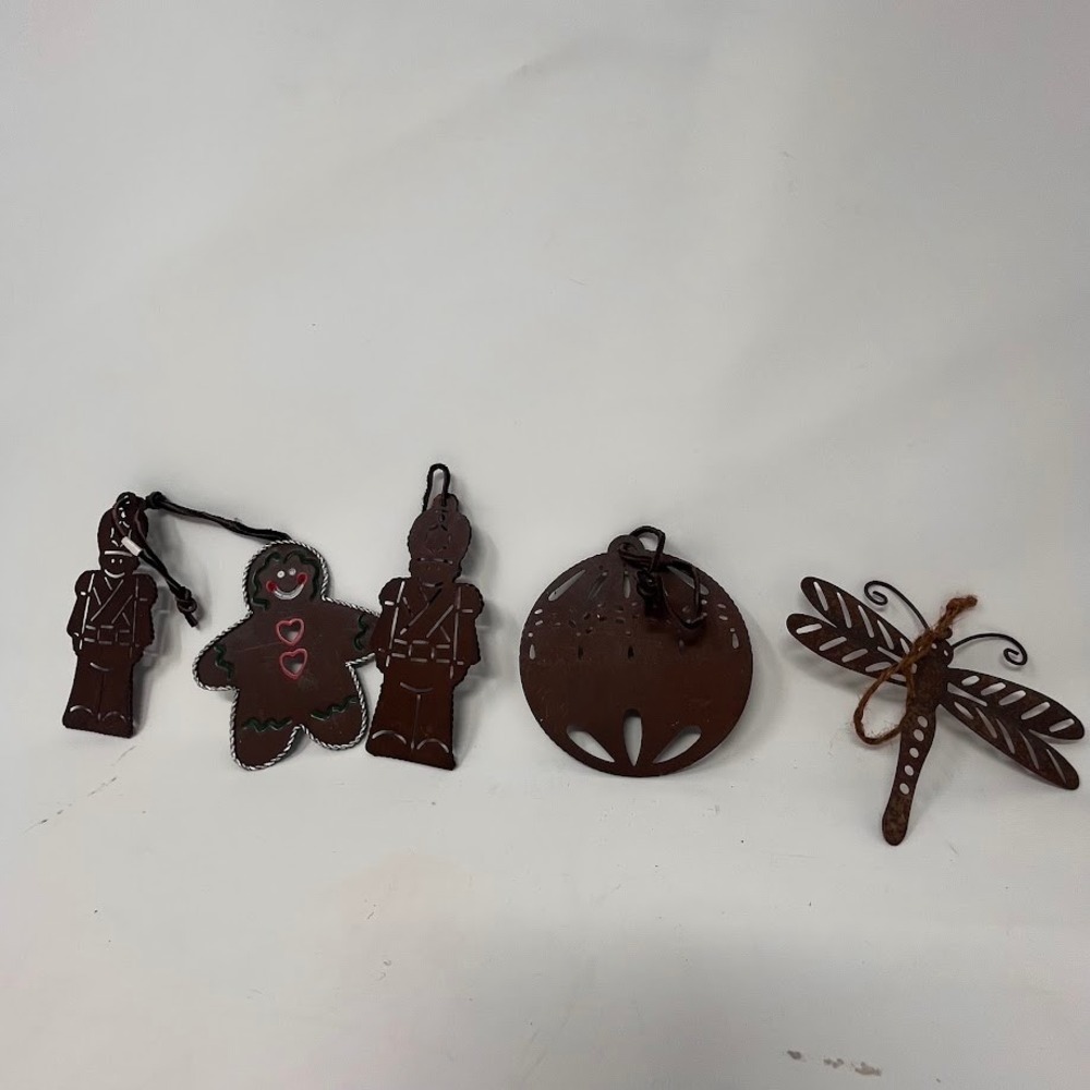 Vintage Rustic Metal Christmas Ornaments Set of 5 Nutcracker Gingerbread Brown